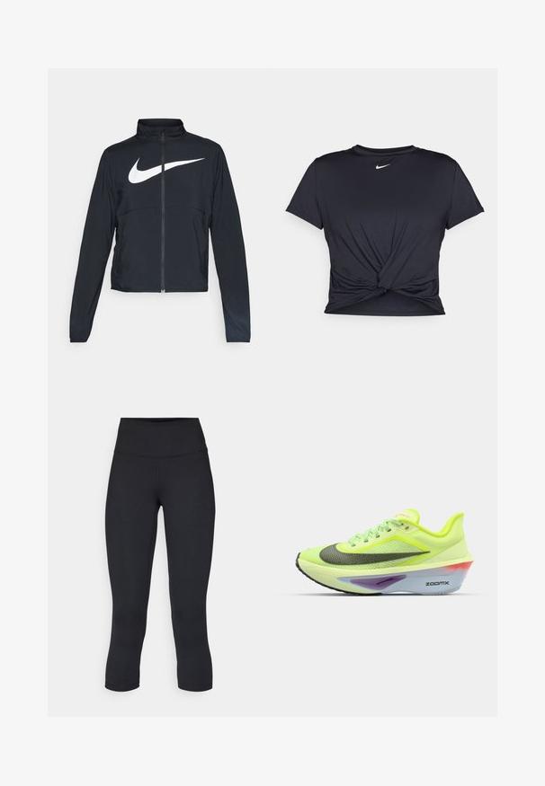 Czarna bluza sportowa na zamek błyskawiczny z wysokim kołnierzem, długimi rękawami i dużym białym logo Nike na klatce piersiowej.; Czarna sportowa koszulka z gładkiego materiału, z wiązanym przodem i małym białym logo Nike na piersi.; Czarne, krótkie legginsy wykonane z elastycznego materiału, z wysokim stanem i gładką strukturą, bez widocznych wzorów czy elementów metalowych.; Zielono-żółte buty do biegania z siateczkową cholewką, zaokrąglonym noskiem, czarnymi i srebrnymi akcentami oraz wielokolorową piankową podeszwą z logo "ZOOMX".