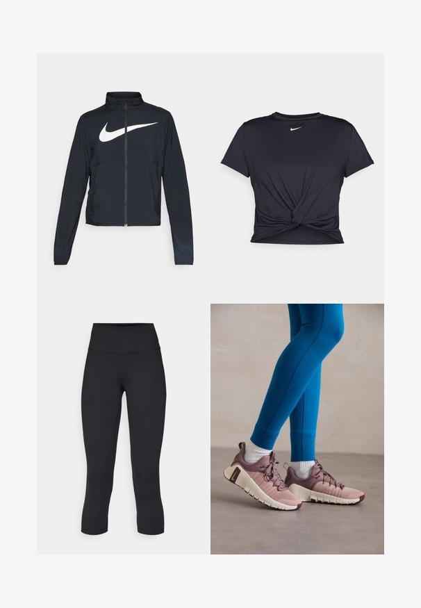 Czarna bluza sportowa na zamek błyskawiczny z wysokim kołnierzem, długimi rękawami i dużym białym logo Nike na klatce piersiowej.; Czarna sportowa koszulka z gładkiego materiału, z wiązanym przodem i małym białym logo Nike na piersi.; Czarne, krótkie legginsy wykonane z elastycznego materiału, z wysokim stanem i gładką strukturą, bez widocznych wzorów czy elementów metalowych.; Buty sportowe w jasnym różu i beżu z teksturowanymi bocznymi panelami, brązowymi akcentami i elastycznymi podeszwami. Noszone z niebieskimi legginsami i białymi skarpetkami.