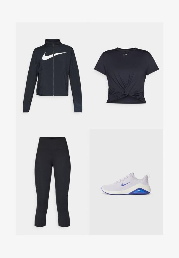 Chaqueta deportiva negra de cremallera completa con cuello alto, mangas largas y gran logo de Nike en blanco en el pecho.; Camiseta atlética negra hecha de tela suave, con un diseño de nudo en la parte delantera y un pequeño logo blanco de Nike en el pecho.; Leggings negros cortos hechos de tela elástica, con una cintura alta y una textura suave, sin patrones o herrajes visibles.; Zapatilla deportiva de color púrpura claro con una parte superior de malla transpirable, una entresuela blanca y un acento azul en el talón y la suela. Cuenta con cordones y un logo.