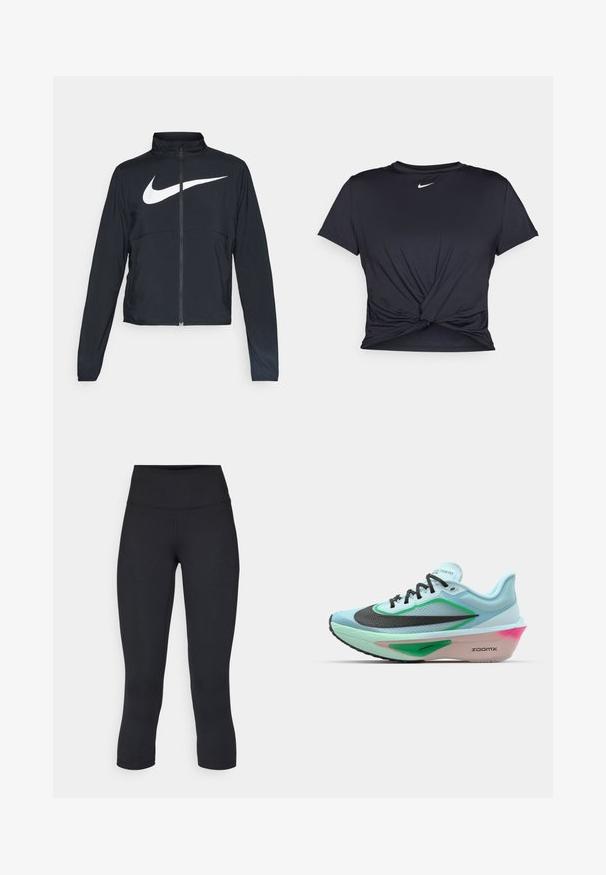 Giacca sportiva nera con zip completa, colletto alto, maniche lunghe e grande logo swoosh bianco Nike sul petto.; Maglietta atletica nera realizzata in tessuto liscio, con un design anteriore annodato e un piccolo logo Nike bianco sul petto.; Leggings cropped neri realizzati in tessuto elasticizzato, con vita alta e texture liscia, senza motivi o componenti visibili.; Scarpa da corsa azzurro chiaro con tomaia in rete nera texturizzata, dettagli verdi, una intersuola con sfumature rosa e suola in gomma. Presenta lacci e logo.