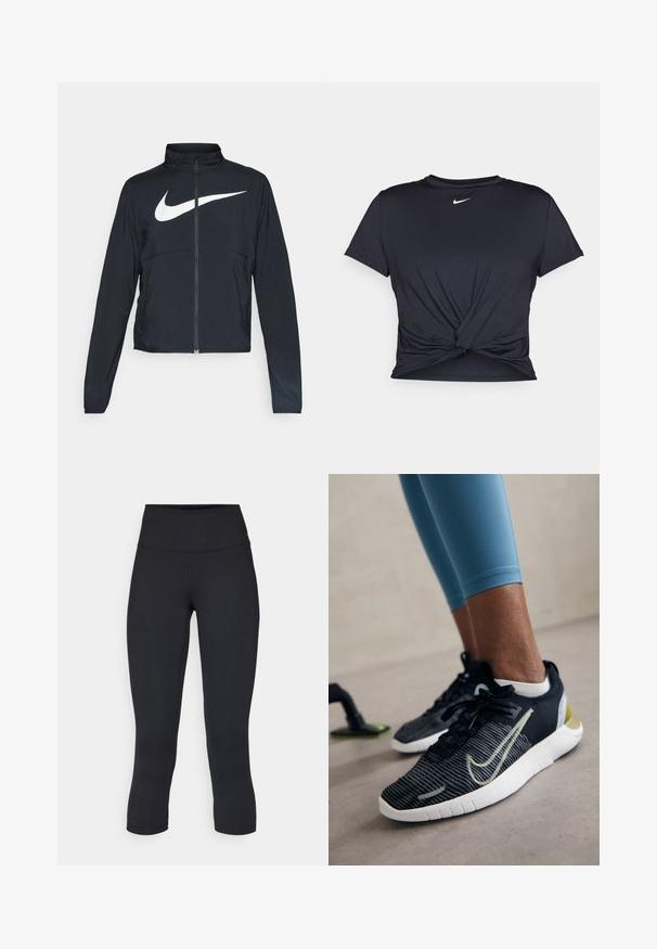 Černá sportovní bunda na zip s vysokým límcem, dlouhými rukávy a velkým bílým logem Nike swoosh přes prsa.; Černé sportovní tričko vyrobené z hladkého materiálu, s uzlovým designem vpředu a malým bílým logem Nike na hrudi.; Černé zkrácené legíny vyrobené z pružné látky, s vysokým pasem a hladkou texturou, bez viditelných vzorů nebo kovových prvků.; Černé sportovní boty s texturovaným materiálem, bílou podrážkou a žlutým akcentem. Mají šněrovací design a výrazné logo na boku.