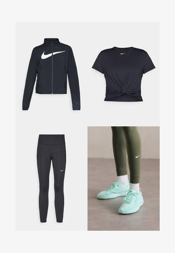 Crna sportska jakna s punim patentnim zatvaračem, visokim ovratnikom, dugim rukavima i velikim bijelim Nike swoosh logom preko grudi.; Crni trenirac s kratkim rukavima izrađen od glatkog materijala, s čvorastim dizajnom sprijeda i malim bijelim Nike logotipom na prsima.; Crne tajice izrađene od rastezljivog materijala, s visokim strukom i bijelim Nike logotipom na lijevom bedru. Glatka tekstura, dizajn koji prati obline.; Svijetlo mint zelene Nike tenisice s mrežastim gornjim dijelom i teksturiranim potplatom, uparene s maslinasto zelenim tajicama i bijelim čarapama.