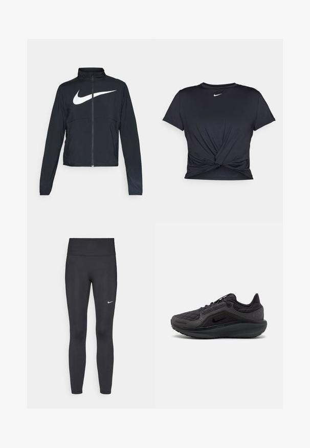 Črna športna jakna z polnim zadrgo, visokim ovratnikom, dolgimi rokavi in velikim belim logotipom Nike swoosh čez prsi.; Črna atletska majica iz gladkega materiala, z vozlanim sprednjim delom in majhnim belim logotipom Nike na prsih.; Črne legice iz elastične tkanine, z visokim pasom in belim Nike logo na levem stegnu. Gladka tekstura, oblikovno prilegajoč dizajn.; Črne športne čevlje s prešitim zgornjim delom, teksturiranimi dodatki in oblazinjenim podplatom. Imajo izstopajoč Nike logo in trpežno zunanje podplate.