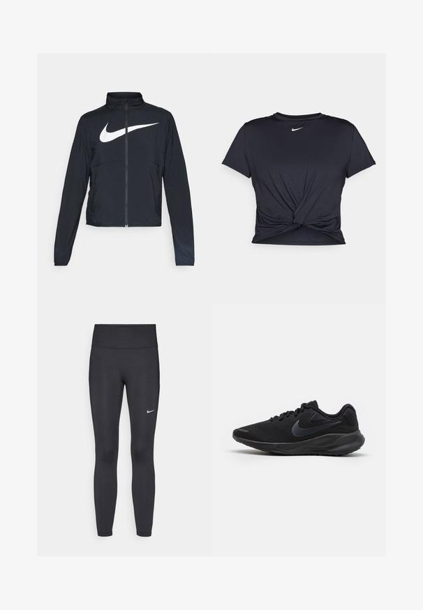 Chaqueta deportiva negra de cremallera completa con cuello alto, mangas largas y gran logo de Nike en blanco en el pecho.; Camiseta atlética negra hecha de tela suave, con un diseño de nudo en la parte delantera y un pequeño logo blanco de Nike en el pecho.; Leggings negras de tela elástica, con una cintura alta y un logo blanco de Nike en el muslo izquierdo. Textura suave, diseño ajustado.; Zapatilla de running negra con parte superior de malla transpirable, acentos texturizados, cordones planos y suela de goma sólida con un ligero levantamiento en el talón.