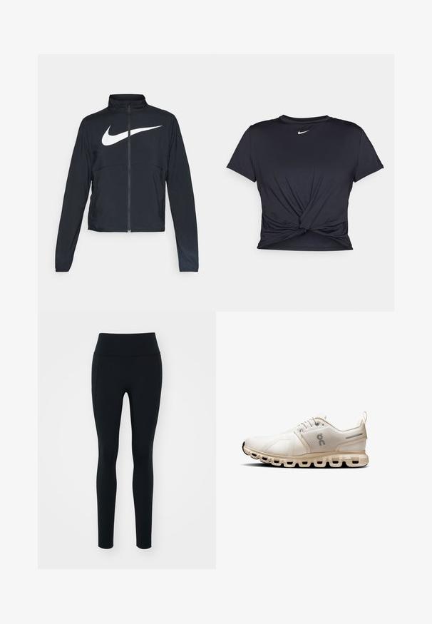 Giacca sportiva nera con zip completa, colletto alto, maniche lunghe e grande logo swoosh bianco Nike sul petto.; Maglietta atletica nera realizzata in tessuto liscio, con un design anteriore annodato e un piccolo logo Nike bianco sul petto.; Leggings neri realizzati in materiale elastico con una vita alta. Texture liscia, design aderente e senza decorazioni o motivi visibili.; Scarpa sportiva beige chiaro con tomaia in rete, design minimalista, punta arrotondata e suola imbottita con tagli segmentati per flessibilità.
