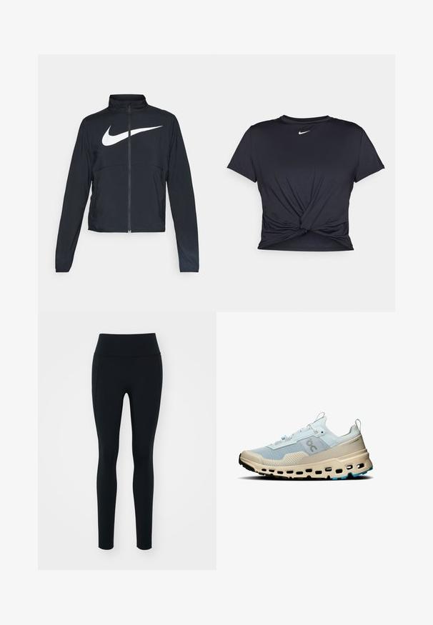 Veste de sport noire zippée sur toute la longueur avec un col haut, des manches longues et un grand logo Nike swoosh blanc sur la poitrine.; T-shirt de sport noir en tissu lisse, avec un design avant noué et un petit logo Nike blanc sur la poitrine.; Leggings noirs en matière extensible avec une taille haute. Texture lisse, design ajusté et sans embellissements ni motifs visibles.; Chaussure de course en mesh bleu clair avec des accents beiges, finition texturée, découpes prononcées dans la semelle intermédiaire et semelle noire contrastante.