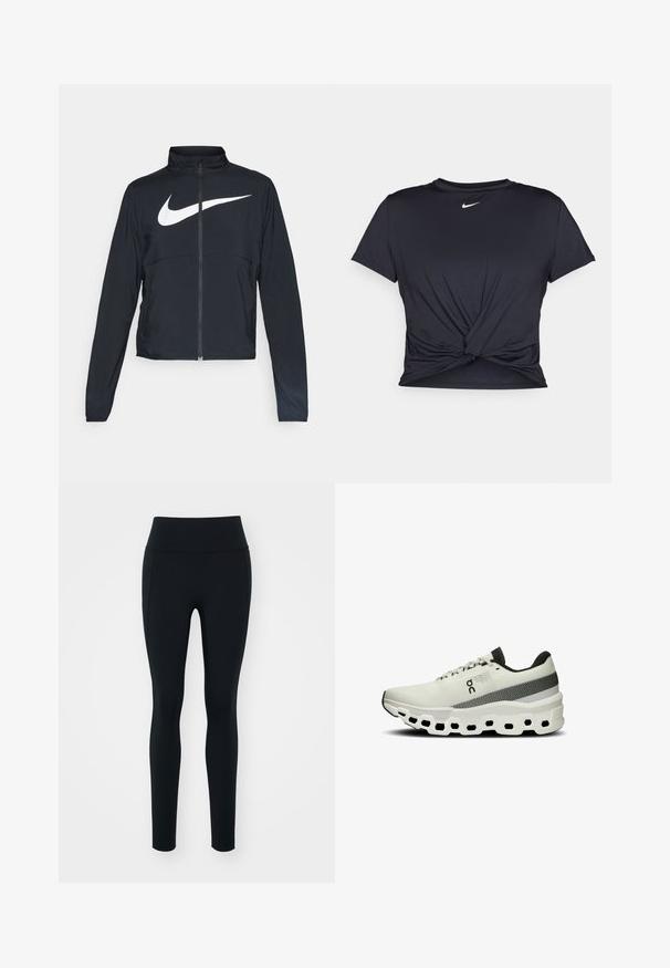 Sort fuld-zip sportsjakke med høj krave, lange ærmer og stort hvidt Nike swoosh-logo på brystet.; Sort atletisk t-shirt lavet af glat stof, med et knyttet frontdesign og et lille hvidt Nike-logo på brystet.; Sorte leggings lavet af strækbart materiale med en høj talje. Glat tekstur, tætsiddende design og ingen synlige dekorationer eller mønstre.; Hvid atletisk sko med en tekstureret strikket overdel, grå stribe og en tyk, polstret sål med hexagonale udskæringer for fleksibilitet.