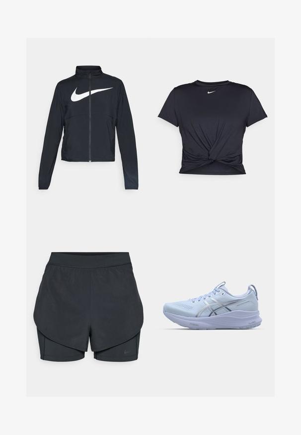 Crna sportska jakna s punim patentnim zatvaračem, visokim ovratnikom, dugim rukavima i velikim bijelim Nike swoosh logom preko grudi.; Crni trenirac s kratkim rukavima izrađen od glatkog materijala, s čvorastim dizajnom sprijeda i malim bijelim Nike logotipom na prsima.; Crne atletske kratke hlače s višeslojnim dizajnom, koje sadrže glatki vanjski sloj i uske unutarnje hlače. Izrađene od lagane, rastezljive tkanine.; Svijetloplavi trkaći tenisice s mrežastim gornjim dijelom, reflektirajućim srebrnim detaljima, podstavljenim potplatom i teksturiranim gumenim gaznim slojem za bolje prianjanje.
