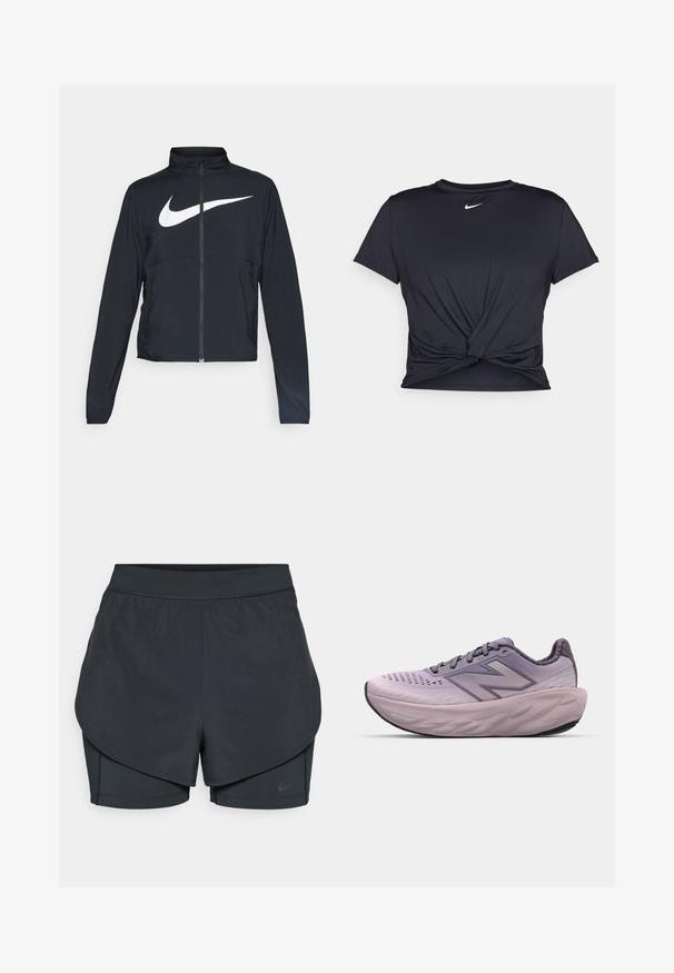 Čierna športová bunda na zips s vysokým golierom, dlhými rukávmi a veľkým bielym logom Nike na hrudi.; Čierne atletické tričko vyrobené z hladkej tkaniny, so zaväzovaným predným dizajnom a malým bielym logom Nike na hrudi.; Čierne športové šortky s vrstveným dizajnom, s hladkou vonkajšou vrstvou a priliehavými vnútornými šortkami. Vyrobené z ľahkej, elastickej tkaniny.; Fialová bežecká obuv s priedušným textilným zvrškom, polstrovaným golierom, hrubou až pružnou medzipodrážkou a textúrovanou gumovou podrážkou.