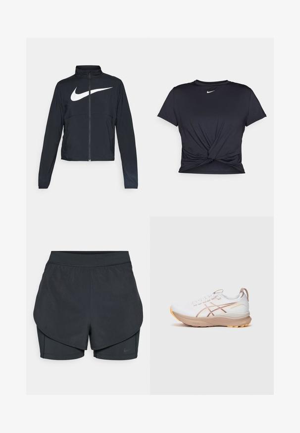 Giacca sportiva nera con zip completa, colletto alto, maniche lunghe e grande logo swoosh bianco Nike sul petto.; Maglietta atletica nera realizzata in tessuto liscio, con un design anteriore annodato e un piccolo logo Nike bianco sul petto.; Shorts sportivi neri con un design a strati, caratterizzati da uno strato esterno morbido e da pantaloni interni aderenti. Realizzati in tessuto leggero e elasticizzato.; Scarpa sportiva bianca con accenti beige, tomaia texturizzata, sistema di allacciatura e suola arancione. Presenta linee di design sui lati per un tocco di dettaglio in più.