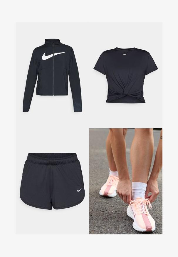 Must musta täispikk vary hoodie kõrge krae, pikad varrukad ja suur valge Nike swooshi logo rinnal.; Mustmust musta sportlik T-särk, mis on valmistatud sujuvast kangast, millel on sõlmega esikülg ja väike valge Nike logo rinnal.; Mustad mustikud mustad lühikesed püksid, mis on valmistatud kerge ja hingava kangaga. Omab elastset vööd ja valget Nike logo alumises paremas nurgas.; Nike Performance PEGASUS PLUS - Maanteejooksu jalatsid - crimson tint/white/pure platinum/red stardust/vast grey