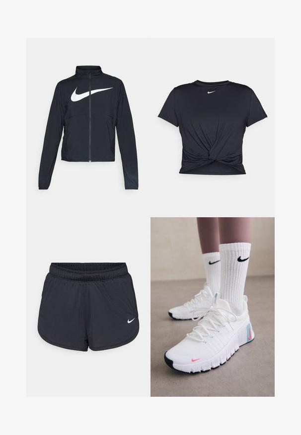 Crna sportska jakna s punim patentnim zatvaračem, visokim ovratnikom, dugim rukavima i velikim bijelim Nike swoosh logom preko grudi.; Crni trenirac s kratkim rukavima izrađen od glatkog materijala, s čvorastim dizajnom sprijeda i malim bijelim Nike logotipom na prsima.; Crne sportske kratke hlače s elastičnim pojasom, sportski dizajn i bijeli Nike logo na donjem prednjem dijelu. Teksturirani materijal.; Nike Performance FREE METCON 6 - Tenisice za trening - white/hot punch/denim turquoise/black/pure platinum