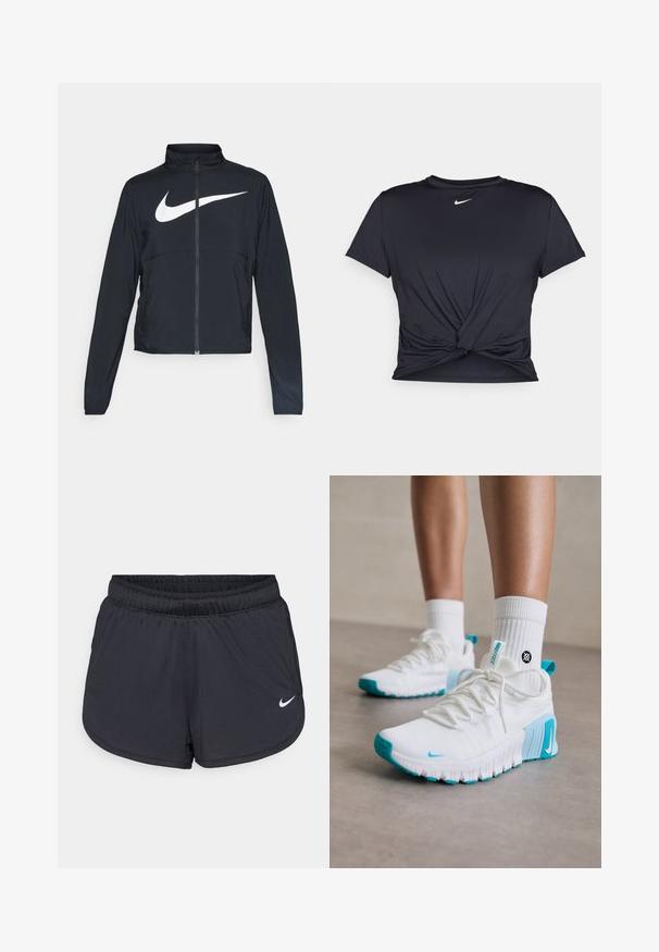 Svart sportjacka med hel dragkedja, hög krage, långa ärmar och stor vit Nike swoosh-logotyp över bröstet.; Svart atletisk t-shirt i mjukt tyg, med en knuten framdesign och en liten vit Nike-logga på bröstet.; Svarta träningsshorts med elastisk midjeresår, med sportig design och en vit Nike-logotyp på nedre framsidan. Texturerat tyg.; Vita sportskor med turkosa accenter, texturerat ovandel, flexibel sula och snören. Bärs med vita strumpor.