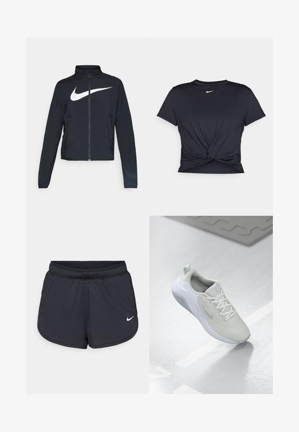 Zwarte sportjas met volledige rits, hoge kraag, lange mouwen en groot wit Nike swoosh-logo op de borst.; Zwarte sportieve T-shirt van gladde stof, met een geknoopt ontwerp aan de voorkant en een klein wit Nike-logo op de borst.; Zwarte sportieve shorts met een elastische tailleband, een sportief ontwerp en een wit Nike-logo aan de voorkant onderaan. Getextureerde stof.; Lichtgrijze sportief schoen met een mesh bovenstuk, cirkelpatroon, witte accenten, platte veters en een gestructureerde zool voor grip.