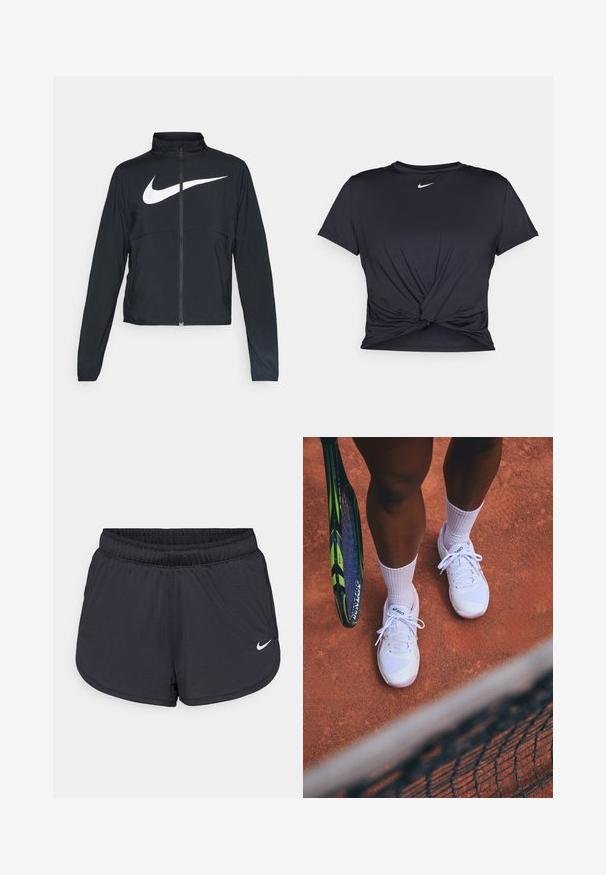 Giacca sportiva nera con zip completa, colletto alto, maniche lunghe e grande logo swoosh bianco Nike sul petto.; Maglietta atletica nera realizzata in tessuto liscio, con un design anteriore annodato e un piccolo logo Nike bianco sul petto.; Pantaloncini sportivi neri con cintura elastica, caratterizzati da un design sportivo e un logo Nike bianco sulla parte anteriore inferiore. Tessuto strutturato.; Scarpe da tennis bianche con pannelli in rete e dettagli rosa, abbinate a calze bianche, posizionate su un campo in terra rossa con una racchetta da tennis nelle vicinanze.