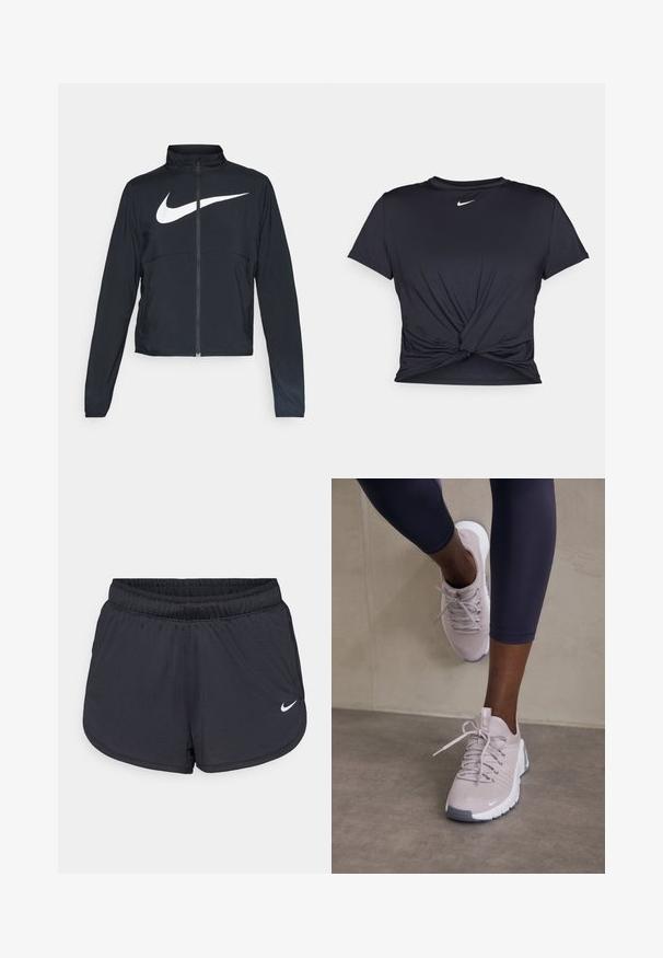 Sort fuld-zip sportsjakke med høj krave, lange ærmer og stort hvidt Nike swoosh-logo på brystet.; Sort atletisk t-shirt lavet af glat stof, med et knyttet frontdesign og et lille hvidt Nike-logo på brystet.; Sorte atletikshorts med elastisk talje, med et sporty design og en hvid Nike-logo på den nederste front. Tekstureret stof.; Lys grå sportsko med en tekstureret overdel, snørebåndslukning og hvid sål, der er parret med mørke leggings. Minimalistisk design og glatte accenter.