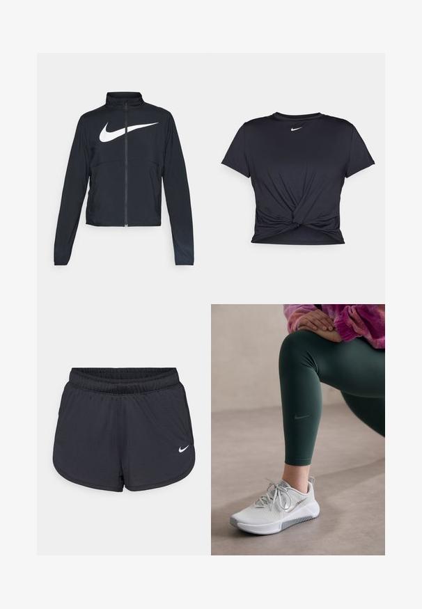 Svart sportjacka med hel dragkedja, hög krage, långa ärmar och stor vit Nike swoosh-logotyp över bröstet.; Svart atletisk t-shirt i mjukt tyg, med en knuten framdesign och en liten vit Nike-logga på bröstet.; Svarta träningsshorts med elastisk midjeresår, med sportig design och en vit Nike-logotyp på nedre framsidan. Texturerat tyg.; Nike löparskor i ljusgrått med en texturerad ovandel, grå detaljer och en vit sula, kombinerade med mörkgröna leggings med en logotyp.