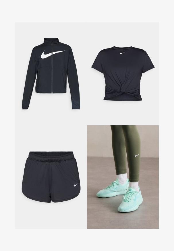 Czarna bluza sportowa na zamek błyskawiczny z wysokim kołnierzem, długimi rękawami i dużym białym logo Nike na klatce piersiowej.; Czarna sportowa koszulka z gładkiego materiału, z wiązanym przodem i małym białym logo Nike na piersi.; Czarne sportowe spodenki z elastycznym pasem, z sportowym wzorem i białym logo Nike na dolnej części przedniej strony. Tkanina o fakturze.; Jasno miętowe sneakersy Nike z siateczkową cholewką i teksturowaną podeszwą, w połączeniu z oliwkowymi legginsami i białymi skarpetkami.