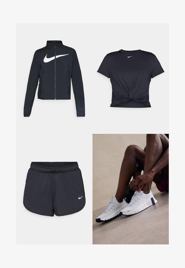 Juodas sportinis džemperis su visiškai užtraukiama užtrauktuku, aukšta apykakle, ilgomis rankovėmis ir dideliu baltu Nike swoosh logotipu per krūtinę.; Juodas sportinis marškinėlis, pagamintas iš lygios medžiagos, su surišta priekiu ir mažu baltu Nike logotipu ant krūtinės.; Juodi sportiniai šortai su elastine liemene, turintys sportišką dizainą ir baltą Nike logotipą apatinėje priekinėje dalyje. Tekstūruota medžiaga.; Baltos sportinės bateliai su tekstūruotais paviršiais, rožinėmis detalėmis ir juodais padais. Turi raištelių užsegimą ir paminkštintą padą patogumui.