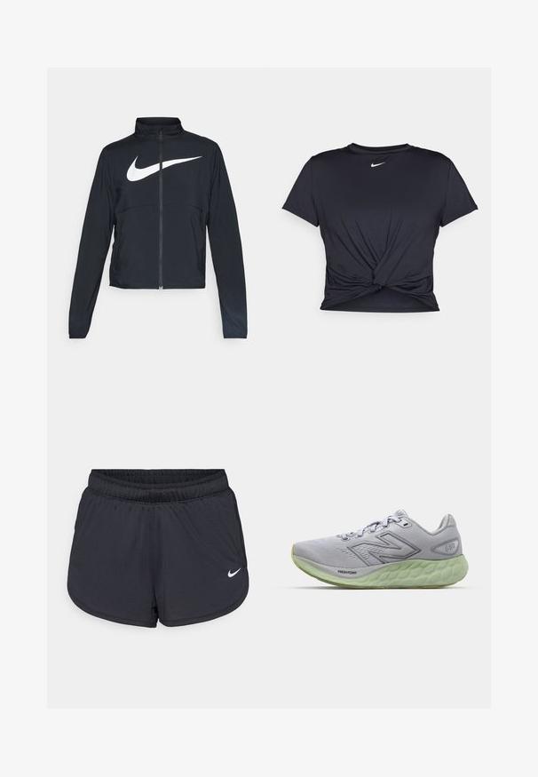 Veste de sport noire zippée sur toute la longueur avec un col haut, des manches longues et un grand logo Nike swoosh blanc sur la poitrine.; T-shirt de sport noir en tissu lisse, avec un design avant noué et un petit logo Nike blanc sur la poitrine.; Shorts de sport noirs avec une taille élastique, présentant un design sportif et un logo Nike blanc sur le bas à l'avant. Tissu texturé.; Baskets de course gris clair avec une tige texturée, un laçage standard et une semelle verte rembourrée. Présente des accents moulés et un logo.