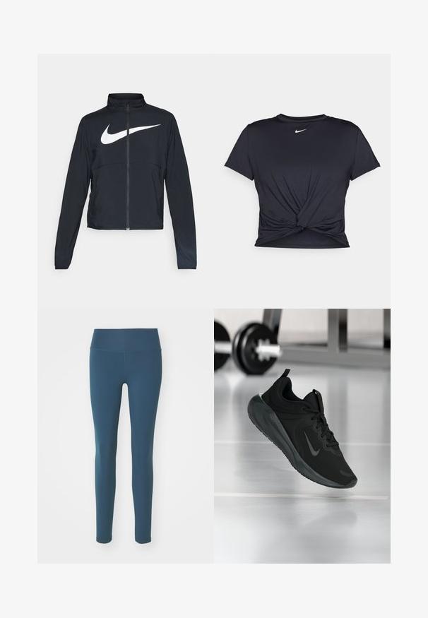 Μαύρο σπορ μπουφάν με πλήρη φερμουάρ, ψηλό λαιμό, μακριά μανίκια και μεγάλο λευκό logo Nike στον θώρακα.; Μαύρη αθλητική μπλούζα φτιαγμένη από λείο ύφασμα, με σχέδιο μπροστινού κόμπου και μικρό λευκό λογότυπο Nike στο στήθος.; Nike Performance ONE - Κολάν - armory navy/black; Μαύρο αθλητικό παπούτσι με λογότυπο Nike, απεικονιζόμενο στον αέρα πάνω σε γυμναστική επιφάνεια, με θολή βάση αλτήρων στο φόντο.