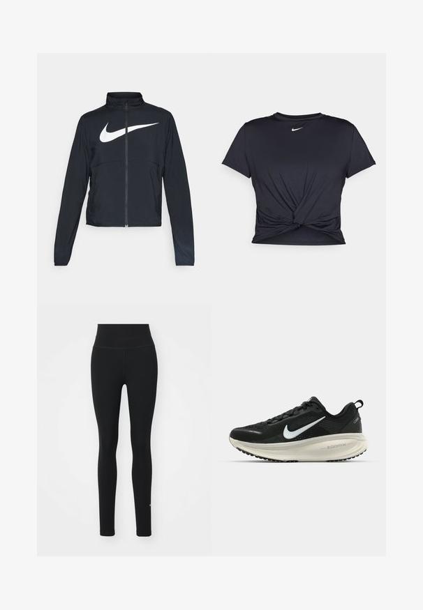 Giacca sportiva nera con zip completa, colletto alto, maniche lunghe e grande logo swoosh bianco Nike sul petto.; Maglietta atletica nera realizzata in tessuto liscio, con un design anteriore annodato e un piccolo logo Nike bianco sul petto.; Leggings neri con una vita alta, realizzati in tessuto elasticizzato. Presentano un minimo dettaglio del logo bianco vicino all'orlo. Texture liscia, design a lunghezza completa.; Scarpa da corsa nera Nike con tomaia in rete traspirante, logo Swoosh bianco, dettagli testurizzati e intersuola ZoomX di colore crema.