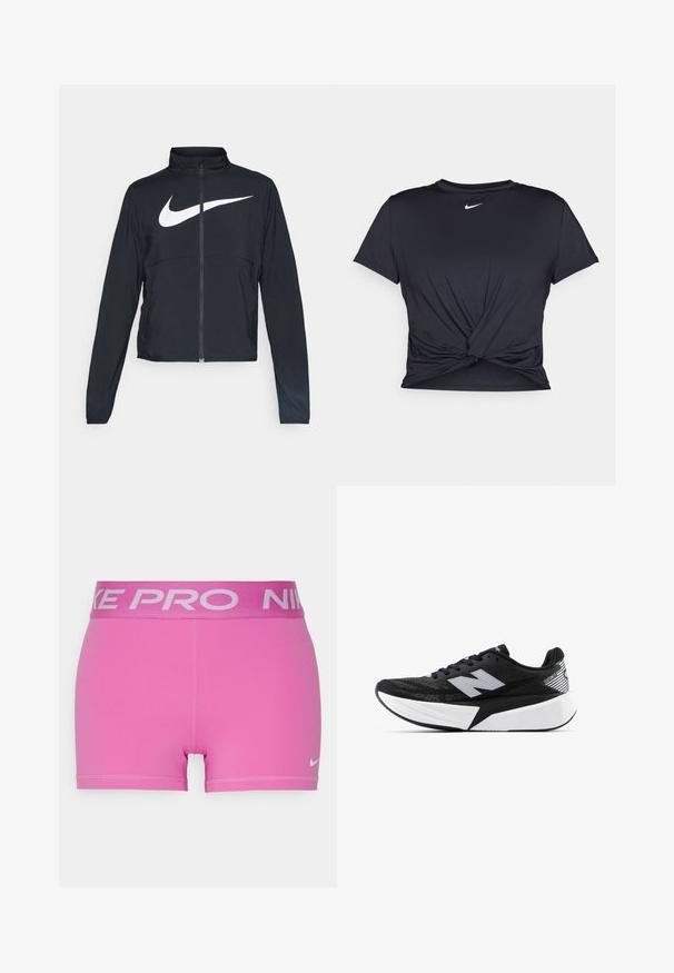 Melnā sporta jaka ar pilnu rāvējslēdzēju, augstu apkakli, garām piedurknēm un lielu baltu Nike swoosh logotipu krūšu daļā.; Melna sporta t-kreklu ar gludu audumu, ar mezglošanas priekšpusi un mazu baltu Nike logotipu uz krūšu daļas.; Rozā sporta šorti ar platām pelēkām Nike Pro vidukļa lentēm. Izgatavoti no gludas, elastīgas materiāla ar plakaniem šuvēm un mazu Nike logo.; Melnbalts New Balance skriešanas apavi ar biezu zoli, acs augšdaļu un "N" logotipu sānos, skatīts no ārējās puses.