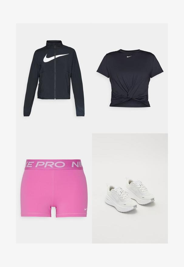 Svart joggebund med hel glidelås, høy krage, lange ermer og stort hvitt Nike swoosh-logo over brystet.; Svart trenings T-skjorte laget av glatt stoff, med en knyttet frontdesign og en liten hvit Nike-logo på brystet.; Rosa idrettsshorts med en bred grå Nike Pro midje. Laget av glatt, elastisk materiale med flate sømmer og en liten Nike-logo.; Hvite joggesko med et teksturert mesh-overdel, polstret såle og subtile grå aksenter. Inkluderer merkevare og løkke på hælen for enkel påkledning.