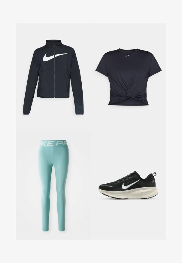 Sort fuld-zip sportsjakke med høj krave, lange ærmer og stort hvidt Nike swoosh-logo på brystet.; Sort atletisk t-shirt lavet af glat stof, med et knyttet frontdesign og et lille hvidt Nike-logo på brystet.; Lyseblå træningslegginger i fuld længde med en hvid Nike Pro mærket talje og en lille hvid Nike swoosh på højre lår.; Sort Nike løbesko med åndbart mesh-overdel, hvidt swoosh-logo, tekstureret detaljering og en cremede ZoomX mellemsål.