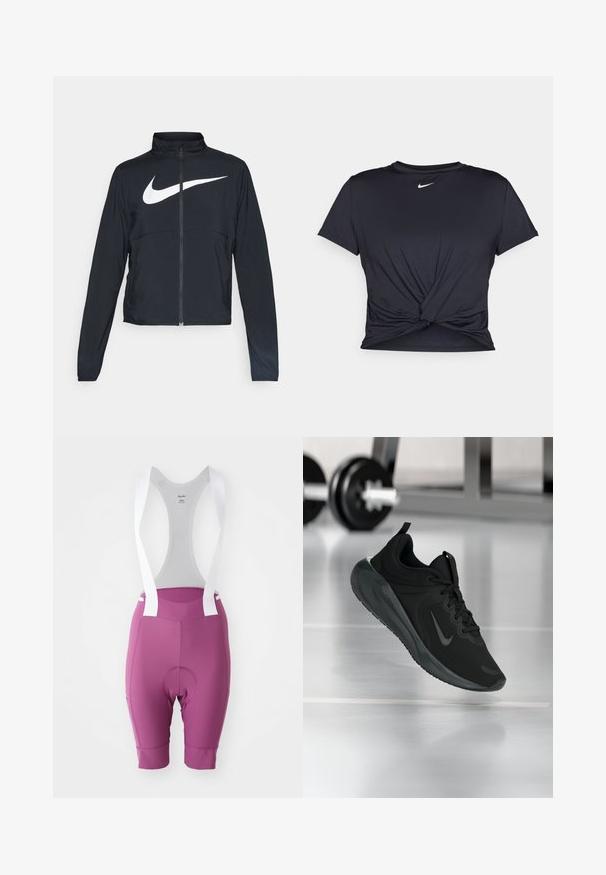 Fekete, teljes cipzáros sportdzseki magas gallérral, hosszú ujjal, amelyen egy nagy, fehér Nike logó található a mellkason.; Fekete sportpóló sima anyagból, elöl megkötős dizájnnal, a mellkason egy kis fehér Nike logóval.; Sötét rózsaszín anyagú kerékpáros nadrágpárna, fehér vállpántokkal, párnázott üléssel, és aerodinamikus kialakítással a kényelem és teljesítmény érdekében.; Fekete sportcipő Nike logóval, amely a levegőben látható az edzőterem padlóján, a háttérben elmosódott kézi súlyzó állvánnyal.