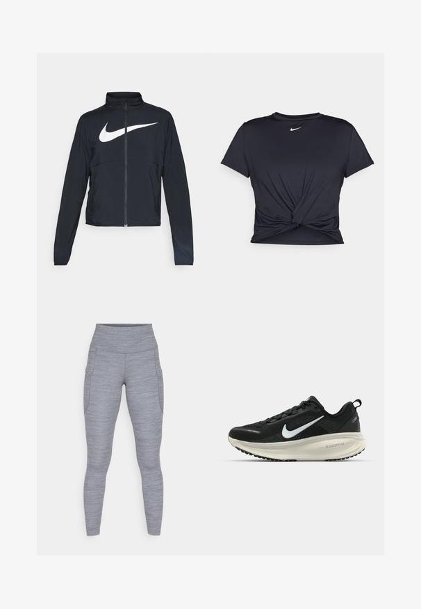 Giacca sportiva nera con zip completa, colletto alto, maniche lunghe e grande logo swoosh bianco Nike sul petto.; Maglietta atletica nera realizzata in tessuto liscio, con un design anteriore annodato e un piccolo logo Nike bianco sul petto.; Leggings atletici grigi realizzati in tessuto testurizzato, con vita alta e tasche laterali. Il design è aderente e slanciato.; Scarpa da corsa nera Nike con tomaia in rete traspirante, logo Swoosh bianco, dettagli testurizzati e intersuola ZoomX di colore crema.