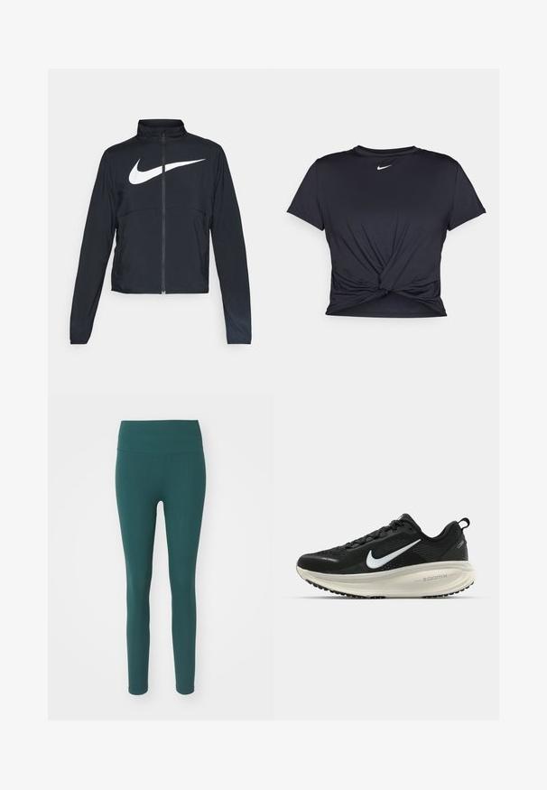 Jachetă sport neagră cu fermoar pe toată lungimea, guler înalt, mâneci lungi și un logo mare alb Nike swoosh pe piept.; Tricou sport negru din material neted, cu un design frontal legat și un mic logo Nike alb pe piept.; Colanți turquoise cu textura în dungi și talie înaltă, fabricați dintr-un material elastic, având un design ajustat și un brâu elastic pentru confort.; Pantofii de alergare negri de la Nike, cu parte superioară din plasă respirabilă, logo-ul alb Swoosh, detalii texturate și o talpă intermediară ZoomX de culoare crem.