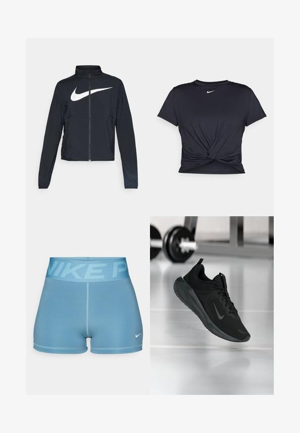Must musta täispikk vary hoodie kõrge krae, pikad varrukad ja suur valge Nike swooshi logo rinnal.; Mustmust musta sportlik T-särk, mis on valmistatud sujuvast kangast, millel on sõlmega esikülg ja väike valge Nike logo rinnal.; Nike sinised aktiivsusšortid laia vöökohtaga, millele on trükitud "NIKE PRO" tekst. Sile kangas, keskmise reie pikkus ja väike valge logo aktsent.; Mustad mustang spordijalatsid Nike logo'ga, õhus spordisaali põrandal, häguste hantlite riiulitega taustal.
