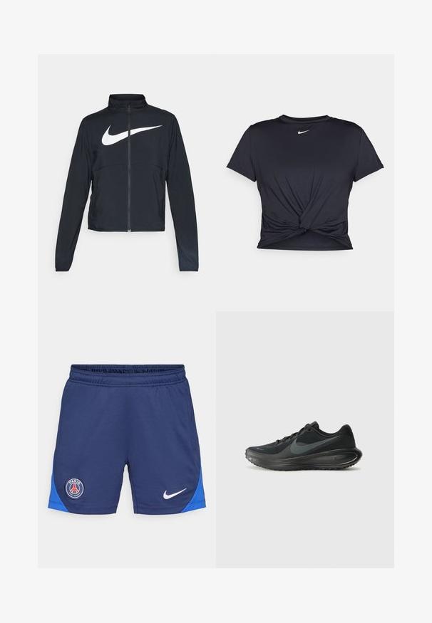 Zwarte sportjas met volledige rits, hoge kraag, lange mouwen en groot wit Nike swoosh-logo op de borst.; Zwarte sportieve T-shirt van gladde stof, met een geknoopt ontwerp aan de voorkant en een klein wit Nike-logo op de borst.; Donkerblauwe sportshorts met een elastische tailleband, zijpaneel in blauw, Nike-logo in het wit en een rond PSG-logo op de linker bovenbeen.; Zwarte Nike hardloopschoen met een geperforeerde mesh bovenkant, een gladde rubberen zool en een afgerond hielontwerp. Bevat een kenmerkend swoosh-logo.