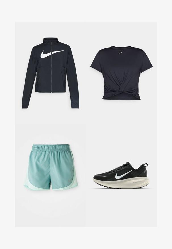 Juodas sportinis džemperis su visiškai užtraukiama užtrauktuku, aukšta apykakle, ilgomis rankovėmis ir dideliu baltu Nike swoosh logotipu per krūtinę.; Juodas sportinis marškinėlis, pagamintas iš lygios medžiagos, su surišta priekiu ir mažu baltu Nike logotipu ant krūtinės.; Šviesiai mėlynos sportinės šortai, pagaminti iš kvėpuojančios medžiagos, su elastingu juosmeniu ir šoninėmis tinklinėmis dalimis, užtikrinančiomis ventiliaciją. Sidabrinis Nike logotipas.; Juodas Nike sportinis batelis su kvėpuojančiu tinklu, baltu swoosh logotipu, tekstūruoto dizaino detalėmis ir grietinėlės spalvos ZoomX viduriu.