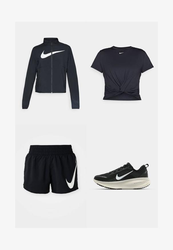 Juodas sportinis džemperis su visiškai užtraukiama užtrauktuku, aukšta apykakle, ilgomis rankovėmis ir dideliu baltu Nike swoosh logotipu per krūtinę.; Juodas sportinis marškinėlis, pagamintas iš lygios medžiagos, su surišta priekiu ir mažu baltu Nike logotipu ant krūtinės.; Juodi sportiniai šortai su elastinga juosta, kuriuose priekyje yra didelis baltas Nike logotipas ir lengvas, glotnus audinys.; Juodas Nike sportinis batelis su kvėpuojančiu tinklu, baltu swoosh logotipu, tekstūruoto dizaino detalėmis ir grietinėlės spalvos ZoomX viduriu.