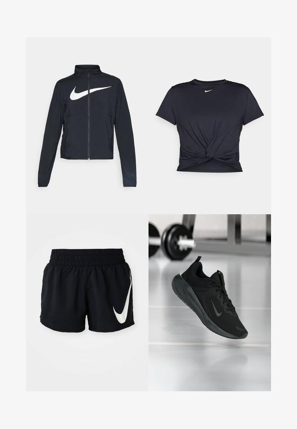 Črna športna jakna z polnim zadrgo, visokim ovratnikom, dolgimi rokavi in velikim belim logotipom Nike swoosh čez prsi.; Črna atletska majica iz gladkega materiala, z vozlanim sprednjim delom in majhnim belim logotipom Nike na prsih.; Črne športne kratke hlače z elastičnim pasom, ki imajo na sprednji strani velik bel Nike znak in gladek, lahek material.; Črne športne teniske z logotipom Nike, prikazane v zraku na telovadni talni površini, v ozadju pa zamegljena vrsta uteži.
