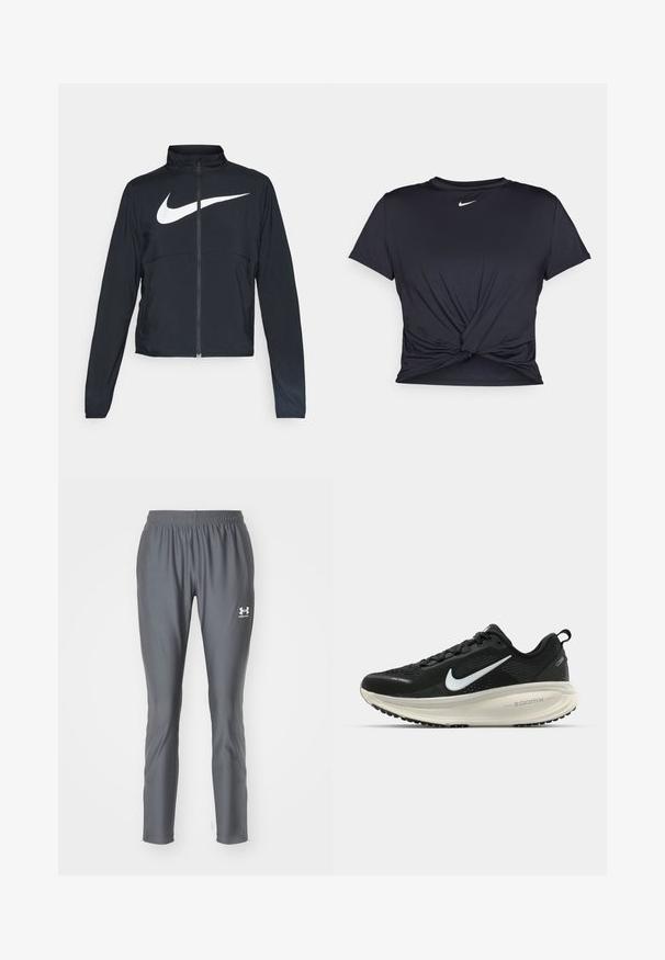 Zwarte sportjas met volledige rits, hoge kraag, lange mouwen en groot wit Nike swoosh-logo op de borst.; Zwarte sportieve T-shirt van gladde stof, met een geknoopt ontwerp aan de voorkant en een klein wit Nike-logo op de borst.; Grijze sportbroek van gladde, lichte stof met een elastische tailleband en taps toelopende benen, met een klein wit logo.; Zwarte Nike hardloopschoen met ademend mesh bovenwerk, witte swoosh-logo, gestructureerde details en een crèmekleurige ZoomX middenzool.