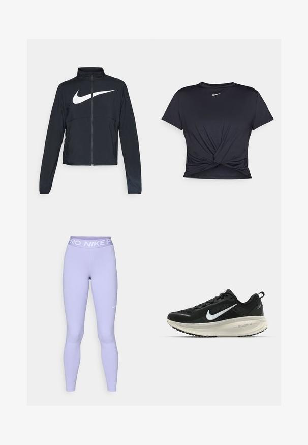 Sort fuld-zip sportsjakke med høj krave, lange ærmer og stort hvidt Nike swoosh-logo på brystet.; Sort atletisk t-shirt lavet af glat stof, med et knyttet frontdesign og et lille hvidt Nike-logo på brystet.; Lyslilla leggings med en tætsiddende stil. Elastikken har hvid tekst med "PRO NIKE" logo. Glat stof med minimale sømme og et strømlinet design.; Sort Nike løbesko med åndbart mesh-overdel, hvidt swoosh-logo, tekstureret detaljering og en cremede ZoomX mellemsål.