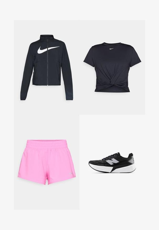 Must musta täispikk vary hoodie kõrge krae, pikad varrukad ja suur valge Nike swooshi logo rinnal.; Mustmust musta sportlik T-särk, mis on valmistatud sujuvast kangast, millel on sõlmega esikülg ja väike valge Nike logo rinnal.; Sädelevad roosad spordilühikesed püksid elastse vöökohaga ja väikese halli Nike logo alumisel vasakul ääres, valge tausta ees.; Mustvalge New Balance jooksujalats, millel on paks tallar ja võrkkangast ülemine osa, ning külgvaates on näha ka „N” logo.