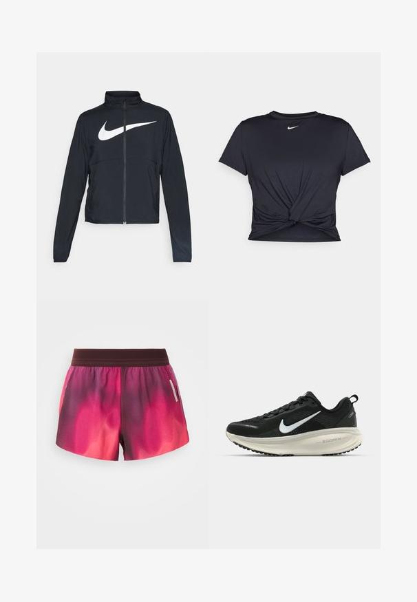 Black full-zip sports jacket with high collar, long sleeves, and large white Nike swoosh logo across the chest.; Black athletic t-shirt made of smooth fabric, featuring a knotted front design and a small white Nike logo on the chest.; Pink and purple gradient athletic shorts with an elastic waistband, smooth texture, and a tag on the side. Shorts have a relaxed fit.; Black Nike running shoe with breathable mesh upper, white swoosh logo, textured detailing, and a cream-colored ZoomX midsole.