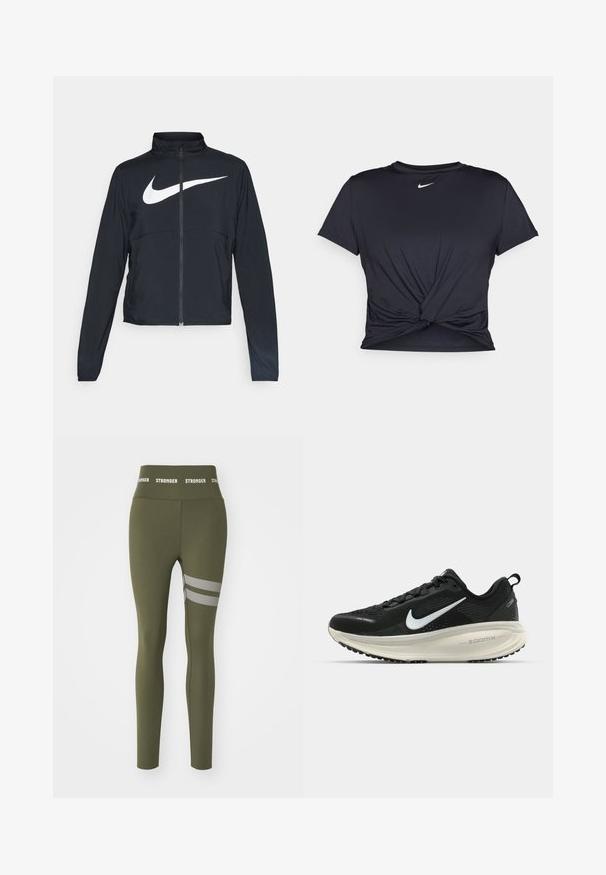Sort fuld-zip sportsjakke med høj krave, lange ærmer og stort hvidt Nike swoosh-logo på brystet.; Sort atletisk t-shirt lavet af glat stof, med et knyttet frontdesign og et lille hvidt Nike-logo på brystet.; Oliven-grønne leggings lavet af strækbart stof, med en høj talje og "STRONGER" tekst samt tre vandrette mesh-striber på låret.; Sort Nike løbesko med åndbart mesh-overdel, hvidt swoosh-logo, tekstureret detaljering og en cremede ZoomX mellemsål.
