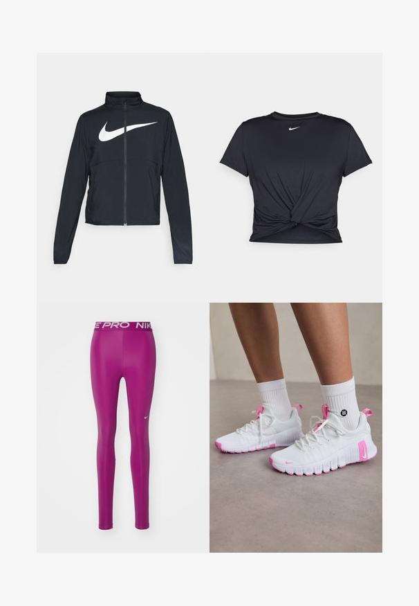 Jachetă sport neagră cu fermoar pe toată lungimea, guler înalt, mâneci lungi și un logo mare alb Nike swoosh pe piept.; Tricou sport negru din material neted, cu un design frontal legat și un mic logo Nike alb pe piept.; Nike Performance 365 - Leggings - hot fuchsia/white; Pantofi de sport albi cu accente roz, design aerodinamic, partea superioară din plasă texturată și o talpă din cauciuc flexibilă. Include logo și bandă de prindere.