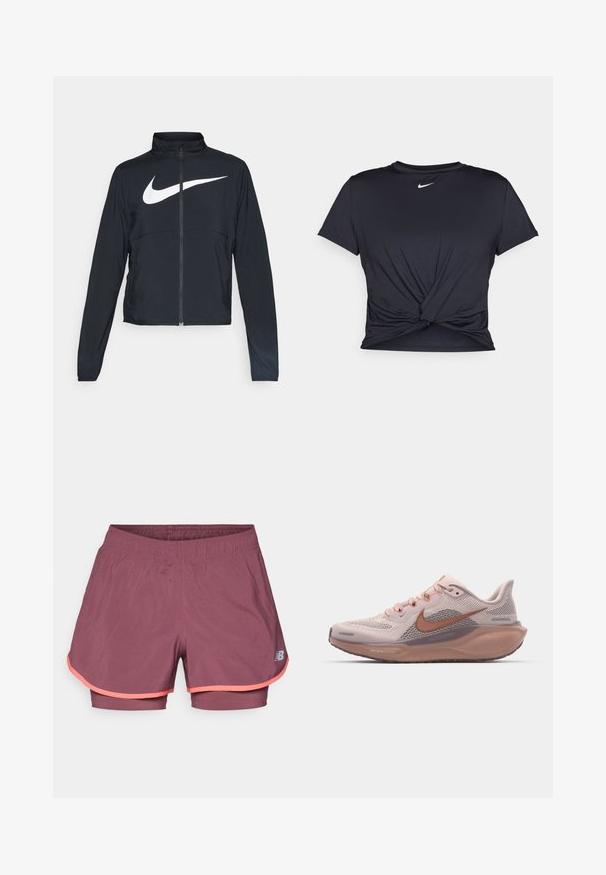 Chaqueta deportiva negra de cremallera completa con cuello alto, mangas largas y gran logo de Nike en blanco en el pecho.; Camiseta atlética negra hecha de tela suave, con un diseño de nudo en la parte delantera y un pequeño logo blanco de Nike en el pecho.; Pantalones cortos deportivos ligeros en color burdeos con forro interior. Presentan un borde en contraste de color rosa y una cinturilla elástica para mayor comodidad.; Zapatilla deportiva de color rosa claro con parte superior de malla, acentos marrones y suela texturizada. Cuenta con cordones y un talón acolchado para mayor comodidad.