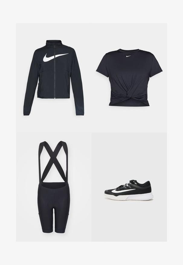 Juodas sportinis džemperis su visiškai užtraukiama užtrauktuku, aukšta apykakle, ilgomis rankovėmis ir dideliu baltu Nike swoosh logotipu per krūtinę.; Juodas sportinis marškinėlis, pagamintas iš lygios medžiagos, su surišta priekiu ir mažu baltu Nike logotipu ant krūtinės.; Juodos dviračių šortai su petnešomis, pasižymintys lygiu paviršiumi, paminkštinta sėdima zona ir prigludusia forma patogumui ir paramai.; Juoda sportinė batų su baltais akcentais, turinti tekstūruotą viršutinę dalį, apvalų pirštą, lygius raiščius ir storą baltą gumos padas.