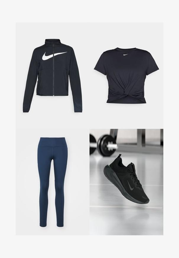 Črna športna jakna z polnim zadrgo, visokim ovratnikom, dolgimi rokavi in velikim belim logotipom Nike swoosh čez prsi.; Črna atletska majica iz gladkega materiala, z vozlanim sprednjim delom in majhnim belim logotipom Nike na prsih.; Temno modre legice iz elastičnega materiala. Imajo visok pas in prilegajoč dizajn z gladkimi šivi za udobje.; Črne športne teniske z logotipom Nike, prikazane v zraku na telovadni talni površini, v ozadju pa zamegljena vrsta uteži.