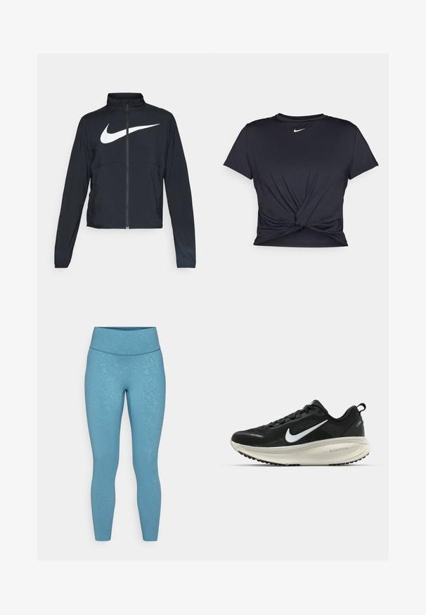 Casaco desportivo preto com fecho éclair completo, gola alta, mangas longas e grande logótipo branco da Nike na parte frontal.; T-shirt atlético preto feito de tecido liso, apresentando um design frontal com nó e um pequeno logótipo branco da Nike no peito.; Leggings de cintura alta em um tom azul claro com um padrão floral subtil. Feitos de um material suave e elástico. Design ajustado.; Sapatilha de corrida Nike preta com parte superior de malha respirável, logotipo Swoosh branco, detalhes texturizados e uma entressola ZoomX na cor creme.