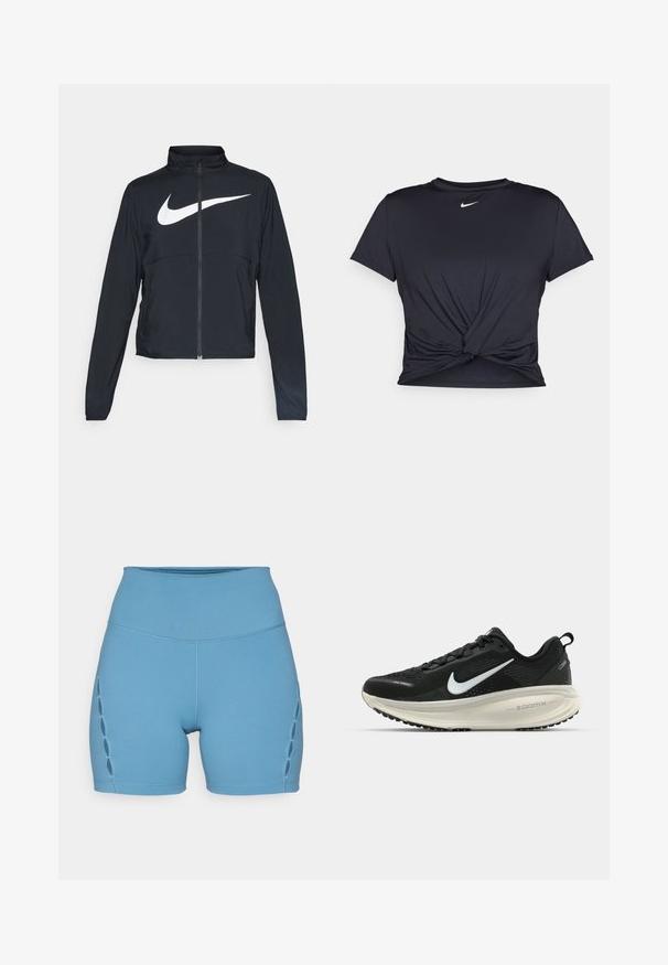 Chaqueta deportiva negra de cremallera completa con cuello alto, mangas largas y gran logo de Nike en blanco en el pecho.; Camiseta atlética negra hecha de tela suave, con un diseño de nudo en la parte delantera y un pequeño logo blanco de Nike en el pecho.; Pantalones cortos deportivos azules confeccionados en material elástico. Cintura alta, diseño ajustado, con detalles de corte decorativos a lo largo de los costados.; Zapatilla de running Nike negra con parte superior de malla transpirable, logo Swoosh blanco, detalles texturizados y una entresuela ZoomX de color crema.