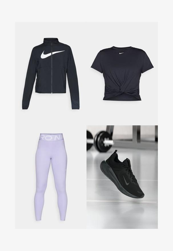 Zwarte sportjas met volledige rits, hoge kraag, lange mouwen en groot wit Nike swoosh-logo op de borst.; Zwarte sportieve T-shirt van gladde stof, met een geknoopt ontwerp aan de voorkant en een klein wit Nike-logo op de borst.; Lichtpaarse leggings met een brede witte "NIKE PRO" tailleband en een subtiele logo op het onderbeen, vervaardigd uit soepel, rekbaar materiaal.; Zwarte sportsneaker met Nike-logo, weergegeven in de lucht boven de gymvloer, met een vervaagde halterrek op de achtergrond.
