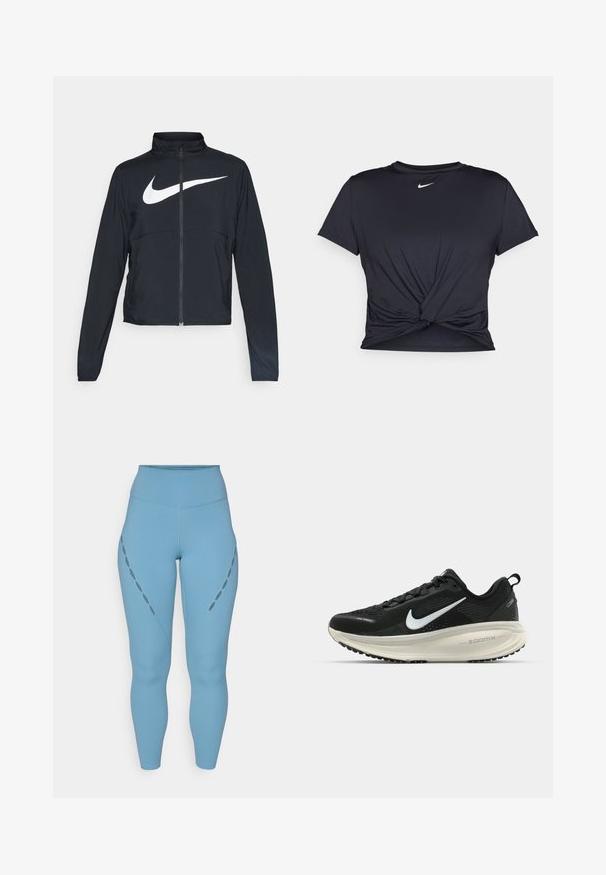 Svart sportjacka med hel dragkedja, hög krage, långa ärmar och stor vit Nike swoosh-logotyp över bröstet.; Svart atletisk t-shirt i mjukt tyg, med en knuten framdesign och en liten vit Nike-logga på bröstet.; Höga, ljusblå leggings i stretchtyg. Har dekorativa utskärningar längs sidorna och åtsittande fotmanchetter.; Svart Nike löparsko med andningsbart mesh-ovandel, vit swoosh-logotyp, texturerad detaljering och en krämfärgad ZoomX-mellansula.